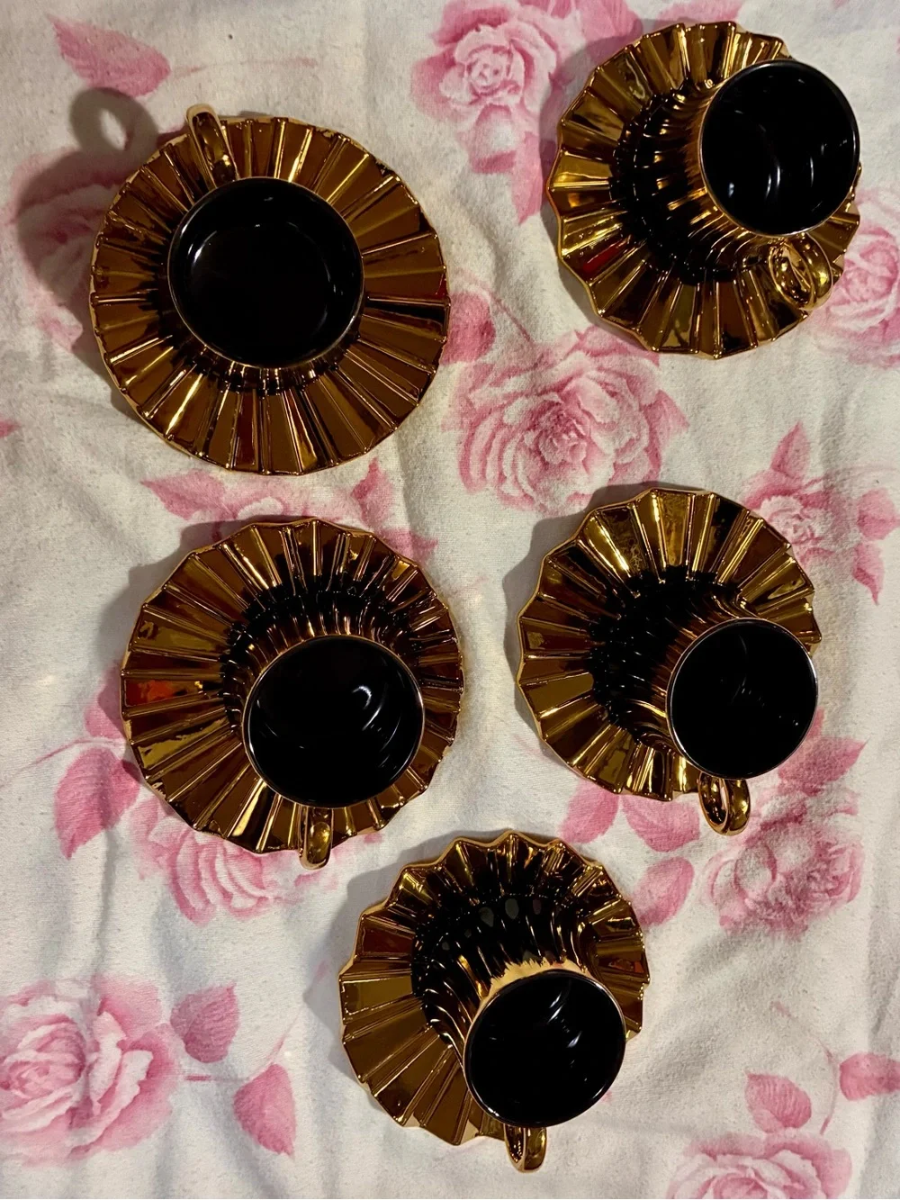 Luxury 5-Piece Black & Gold Ceramic Espresso / Demitasse Cup and Saucer Set